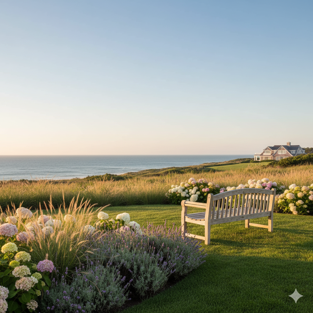 Luxury teak garden bench on Hamptons estate lawn with ocean views and sophisticated landscape design