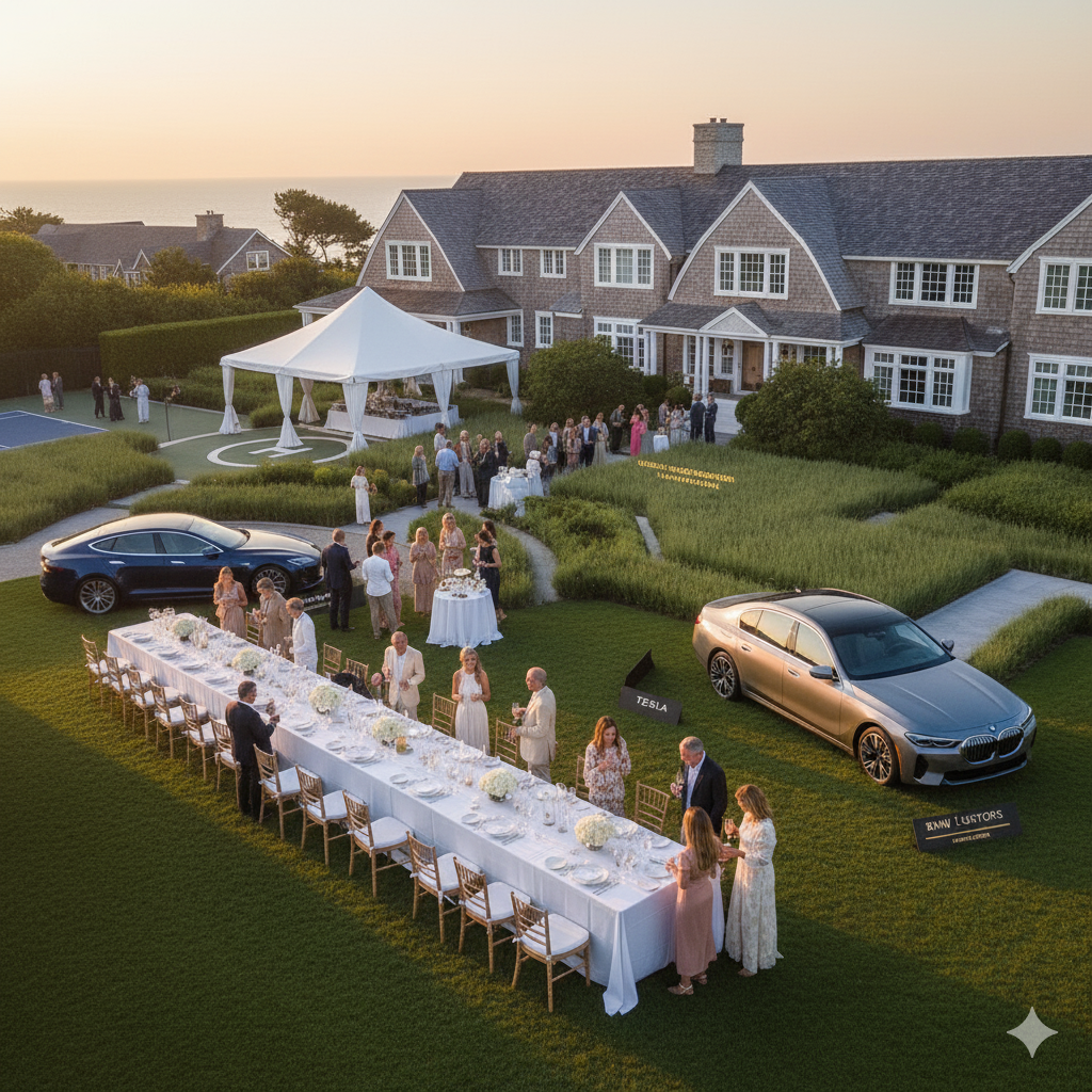 Private estate event sponsorship at luxury Hamptons gathering with high-net-worth guests