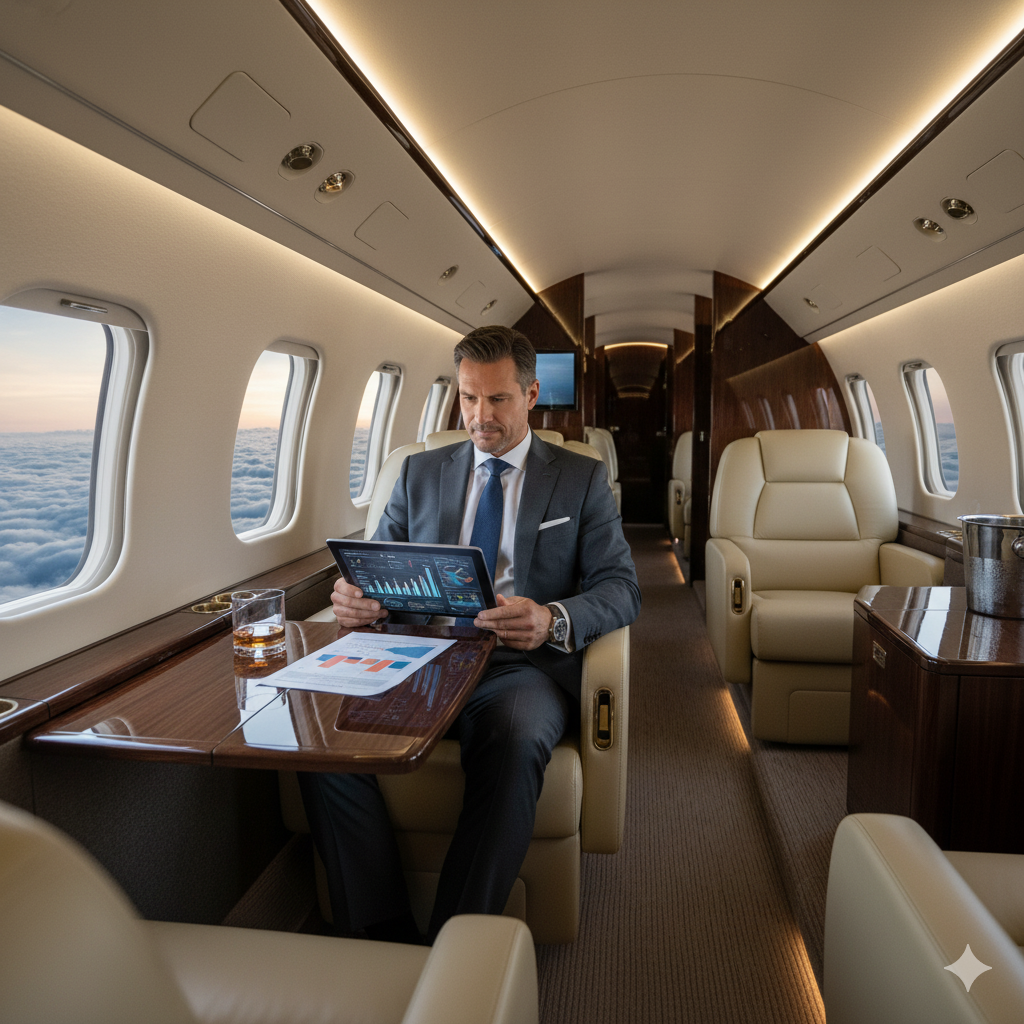 Private jet membership costs analysis - luxurious aircraft interior with business executive