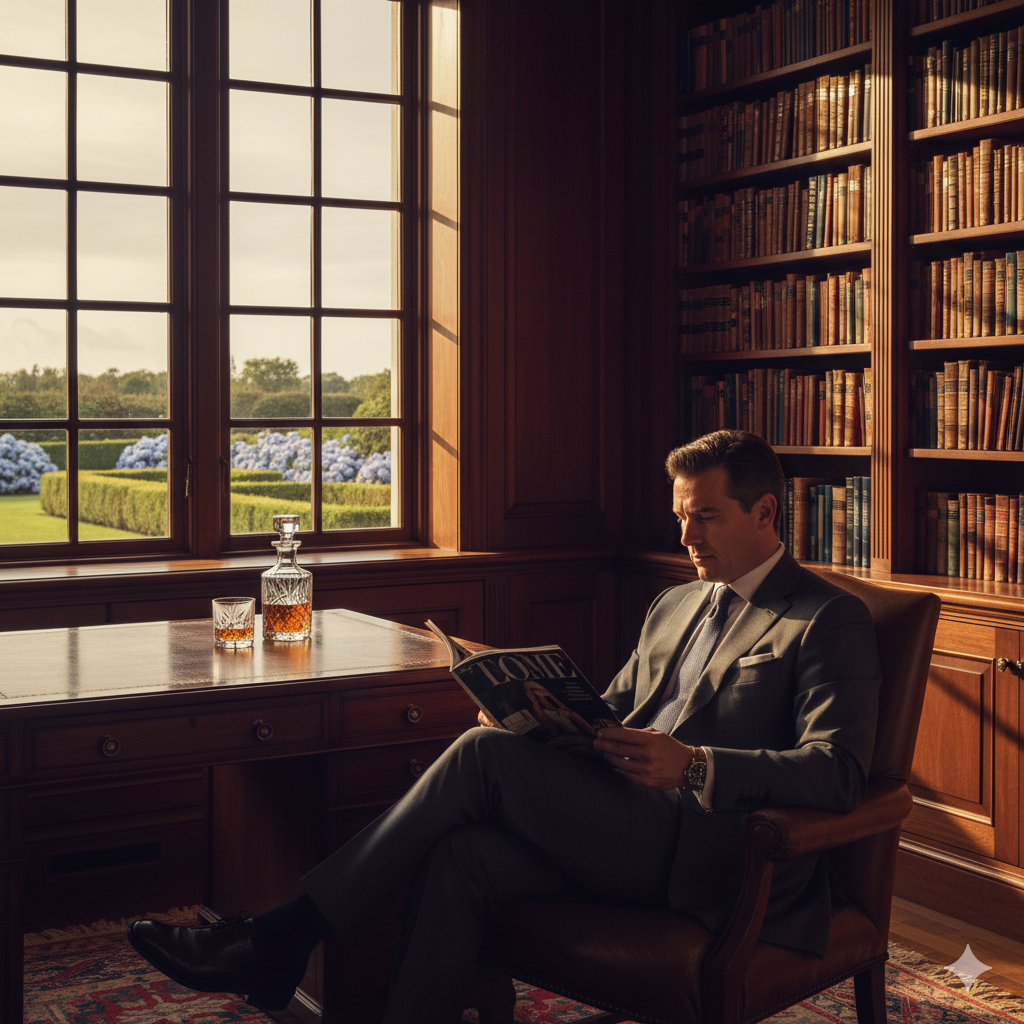 Luxury media buying strategies for high net worth audience - sophisticated marketing executive in premium Hamptons setting