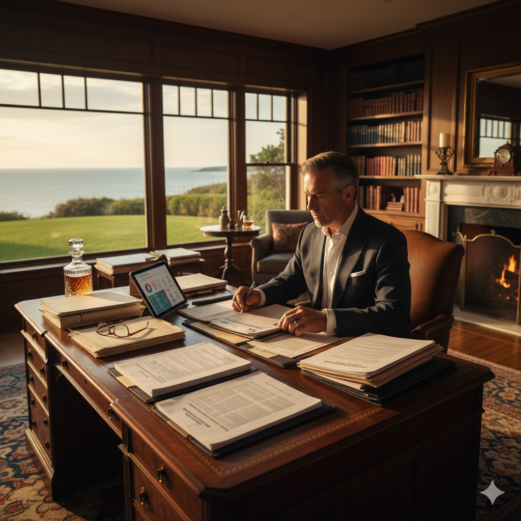 East Hampton property tax secrets - wealthy homeowner reviewing tax reduction strategies