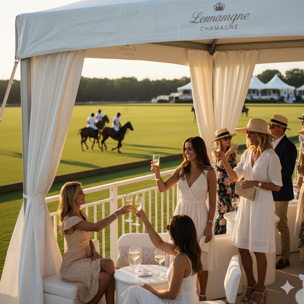 Polo Hamptons VIP cabana sponsorship luxury event with branded hospitality pavilion