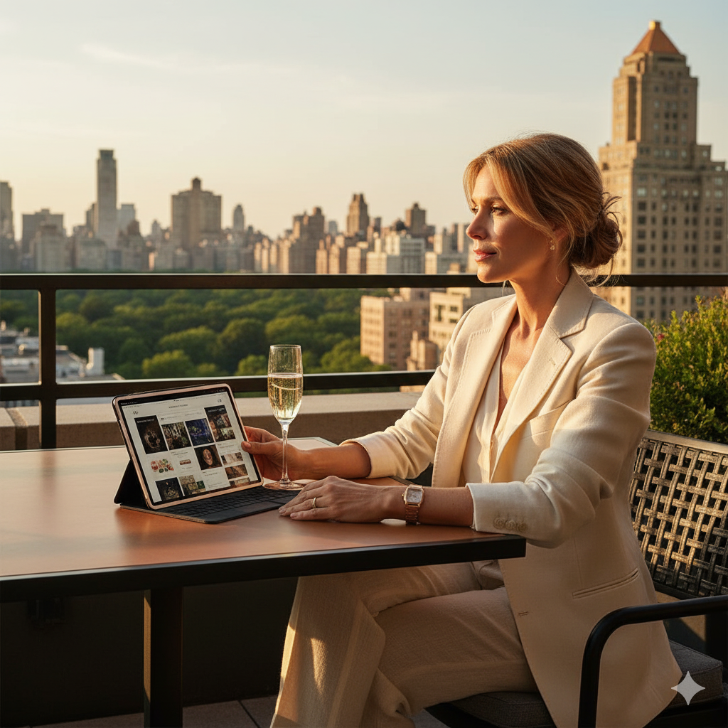 Affluent NYC consumer browsing luxury brands online from Manhattan penthouse terrace