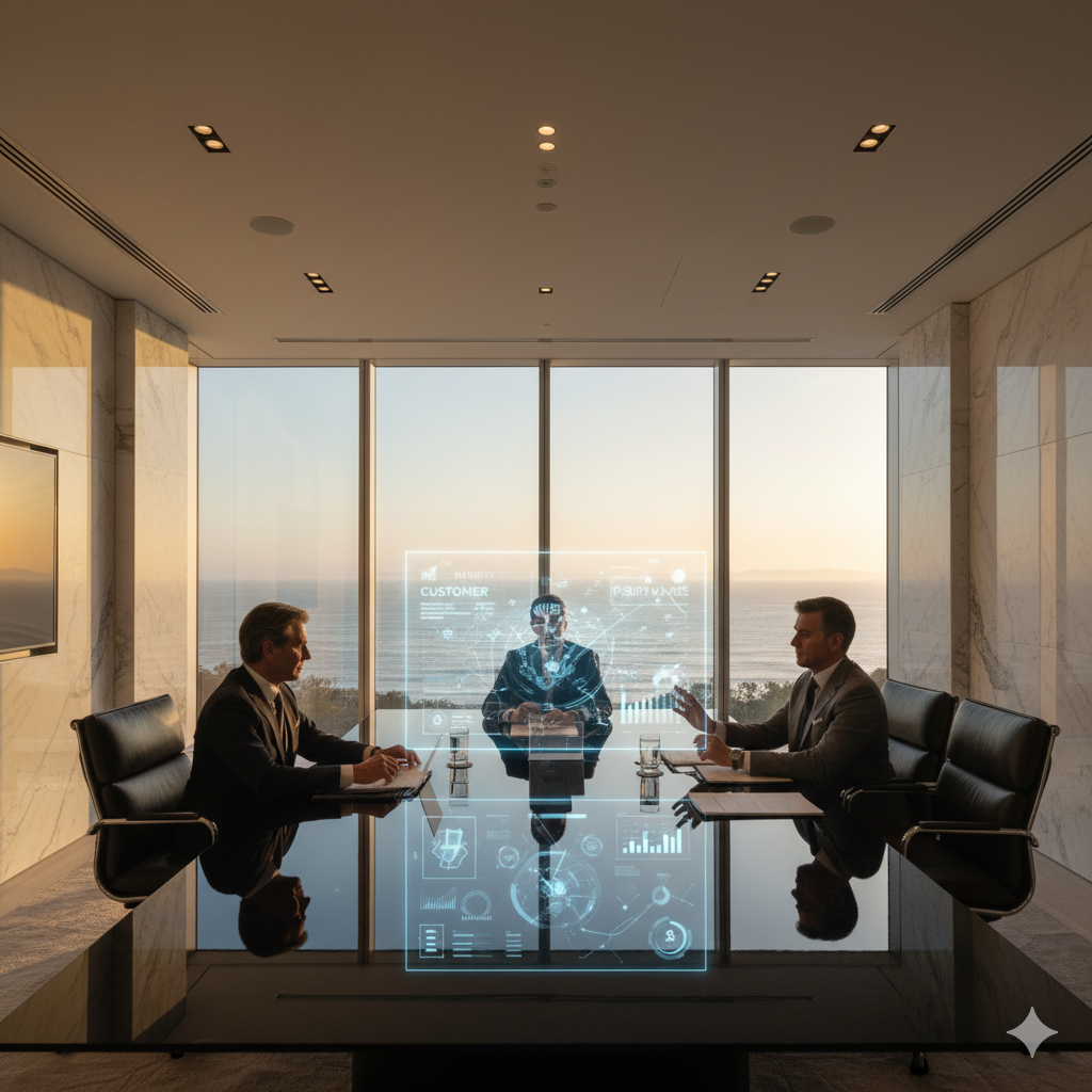 Sophisticated AI marketing interface in luxury Hamptons boardroom showcasing personalized customer experiences and predictive analytics for high-end brands