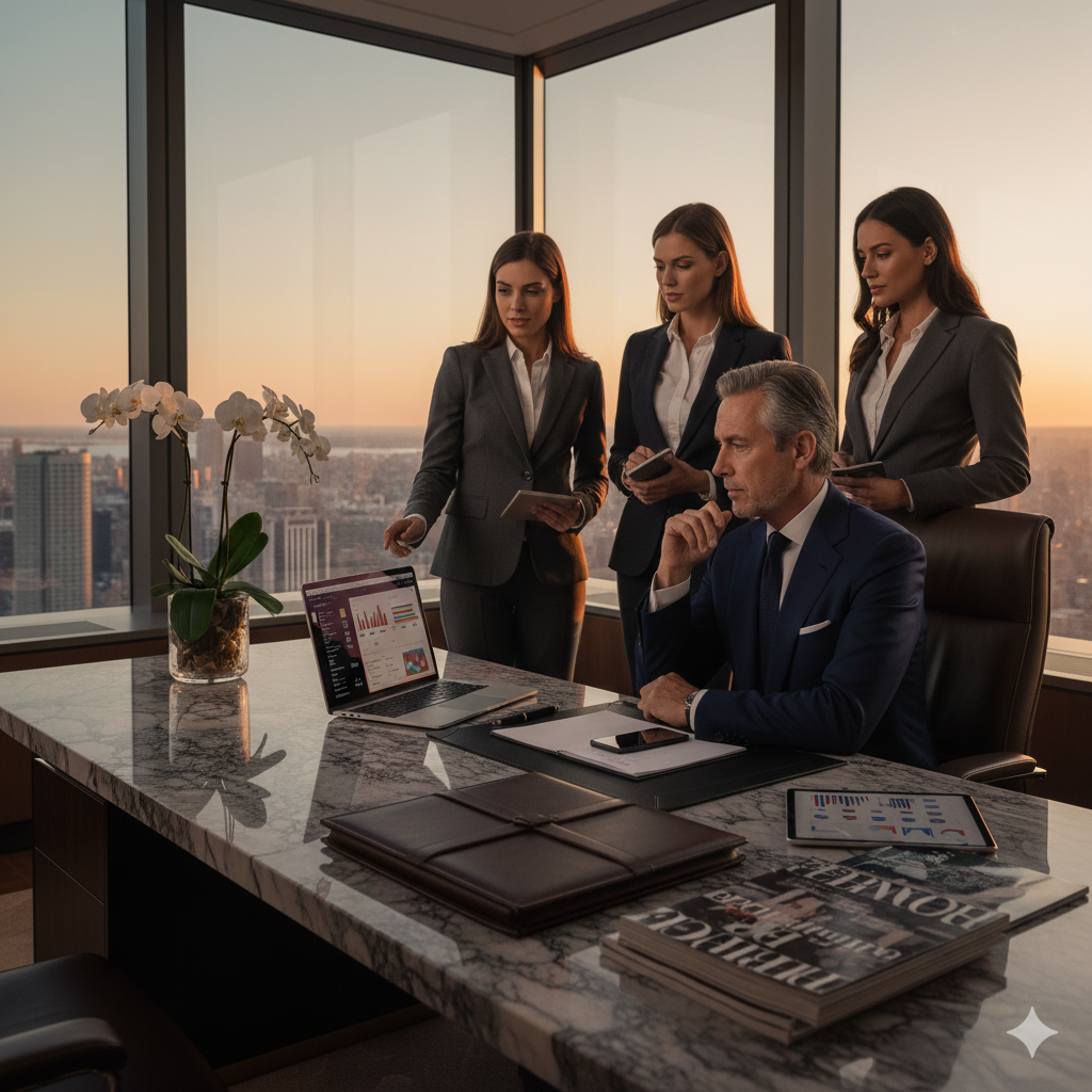 Luxury digital marketing executive reviewing sophisticated campaigns from Manhattan office