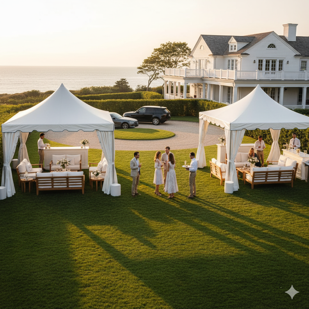 Luxury summer home brand pop-up activation at elegant Hamptons estate with exclusive outdoor pavilion, affluent guests, and sophisticated coastal aesthetic during golden hour
