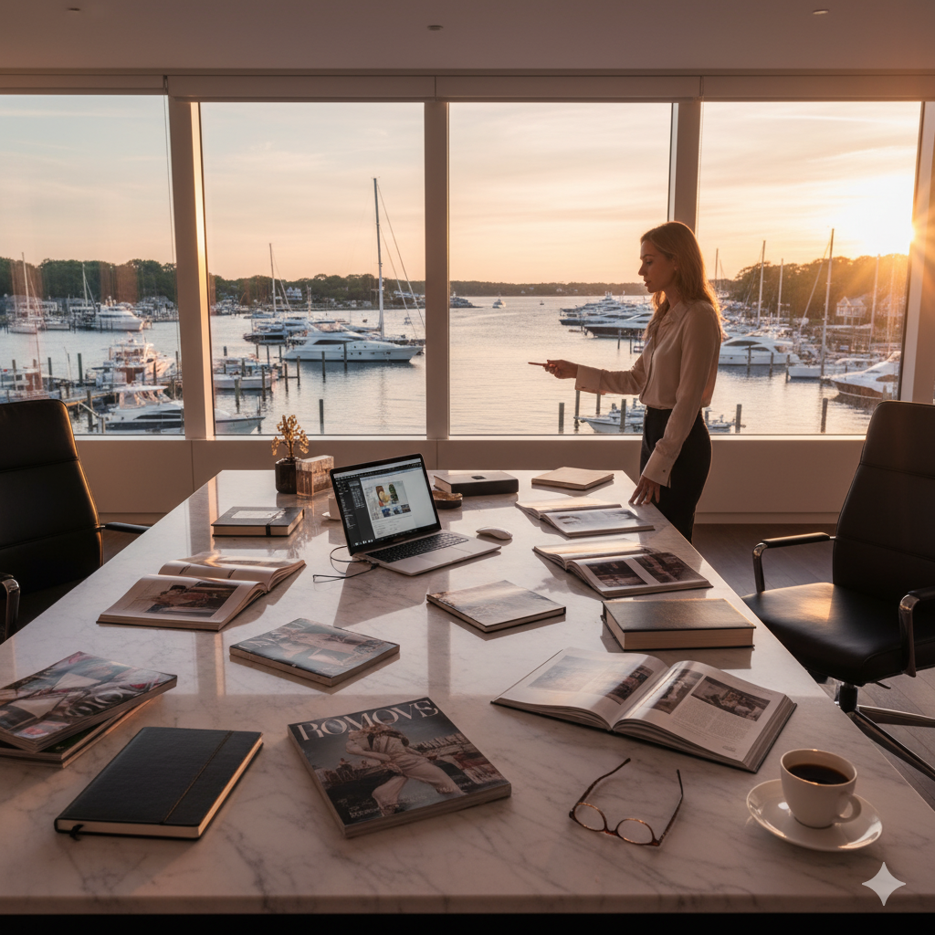 Prestige media platform luxury publishing office overlooking Sag Harbor marina