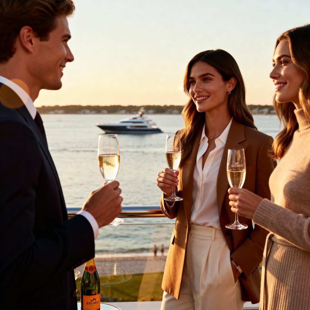 Young millionaires networking at exclusive Hamptons rooftop party with luxury yachts in background