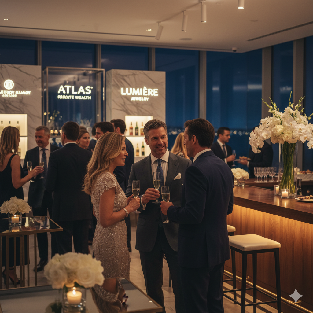 Luxury event sponsorship gathering with affluent attendees and premium brand displays