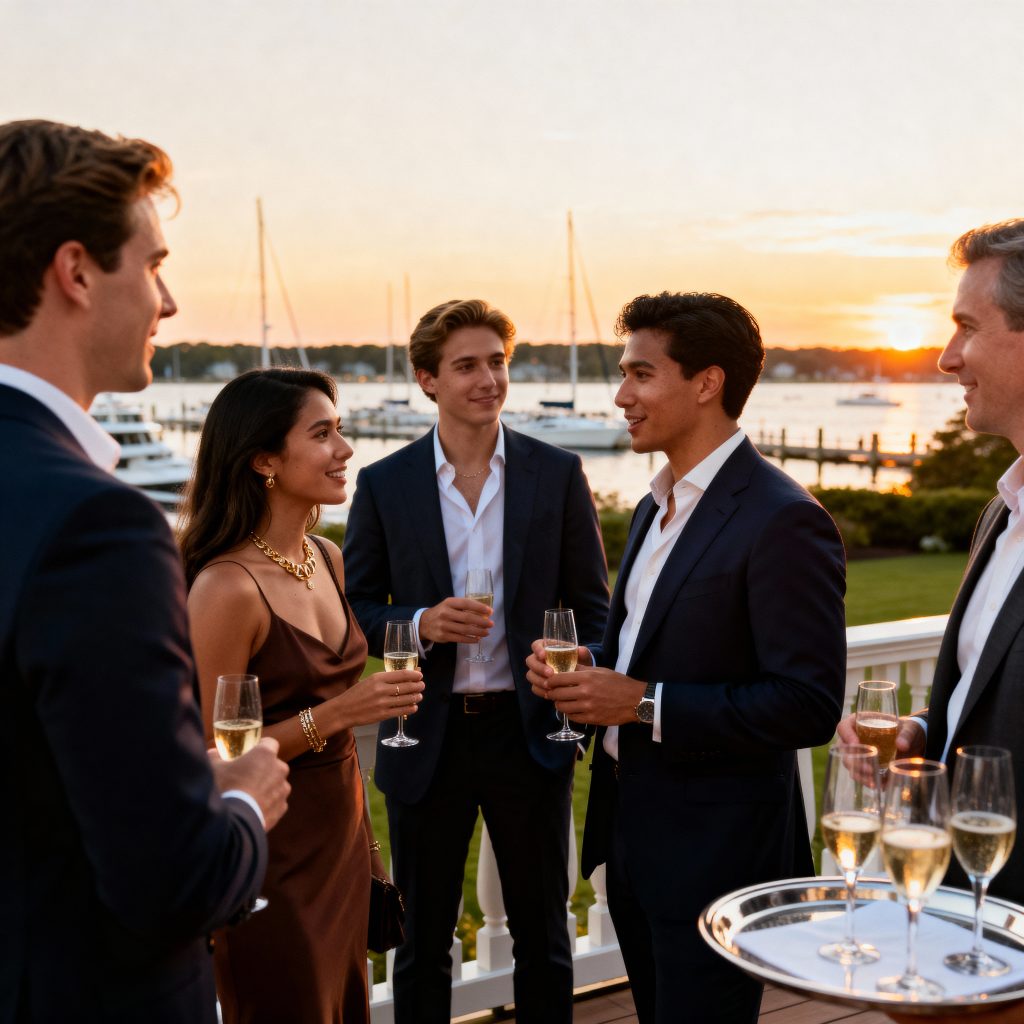 Young entrepreneurs networking with established business leaders at exclusive Hamptons waterfront event - elite social circles guide Social Life Magazine