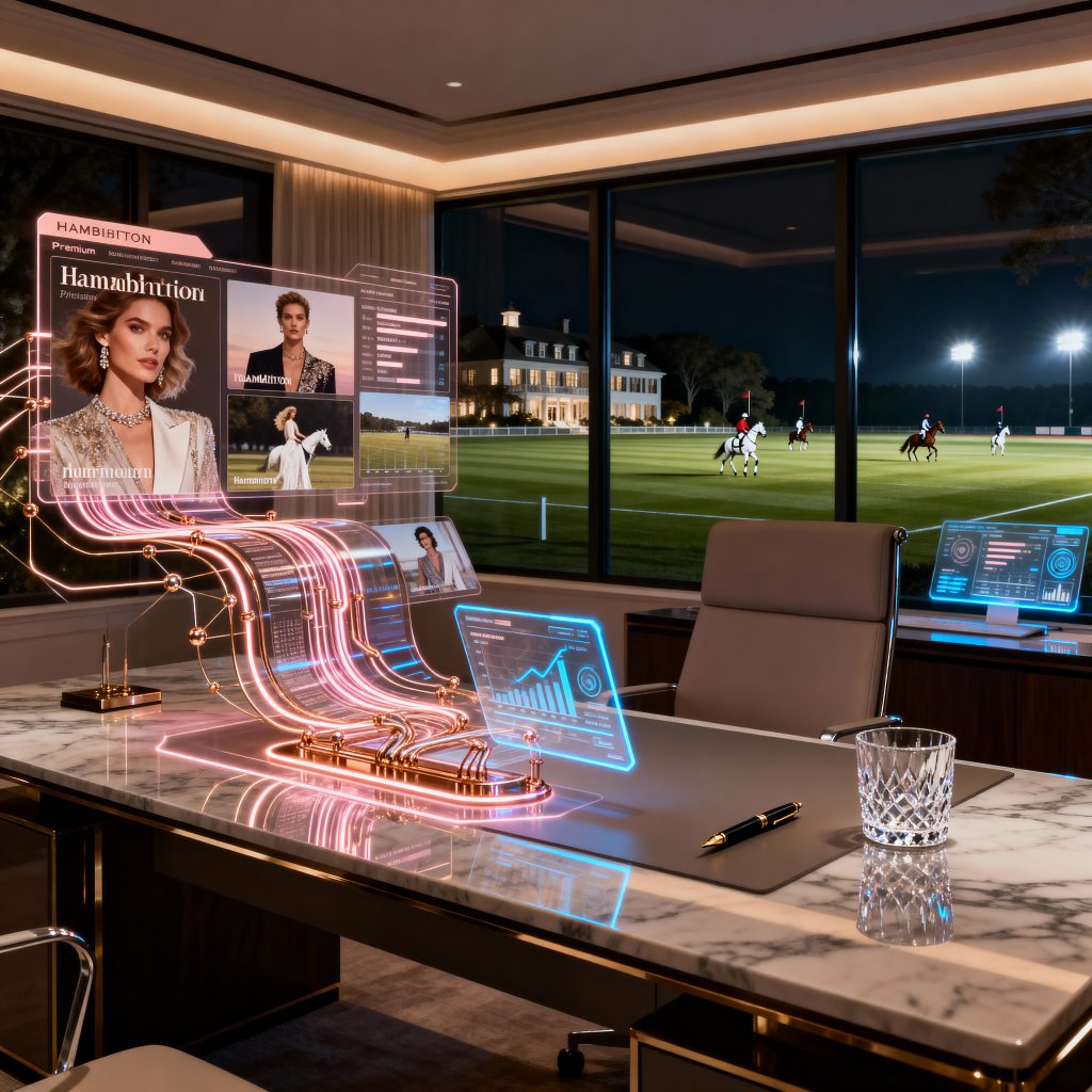 Luxury AI powered media content engine with holographic interface displaying automated premium publishing workflows and real-time analytics in sophisticated command center