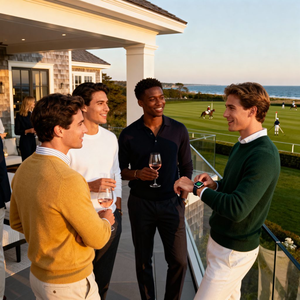Young entrepreneurs networking at exclusive Hamptons event - luxury status symbols guide Social Life Magazine