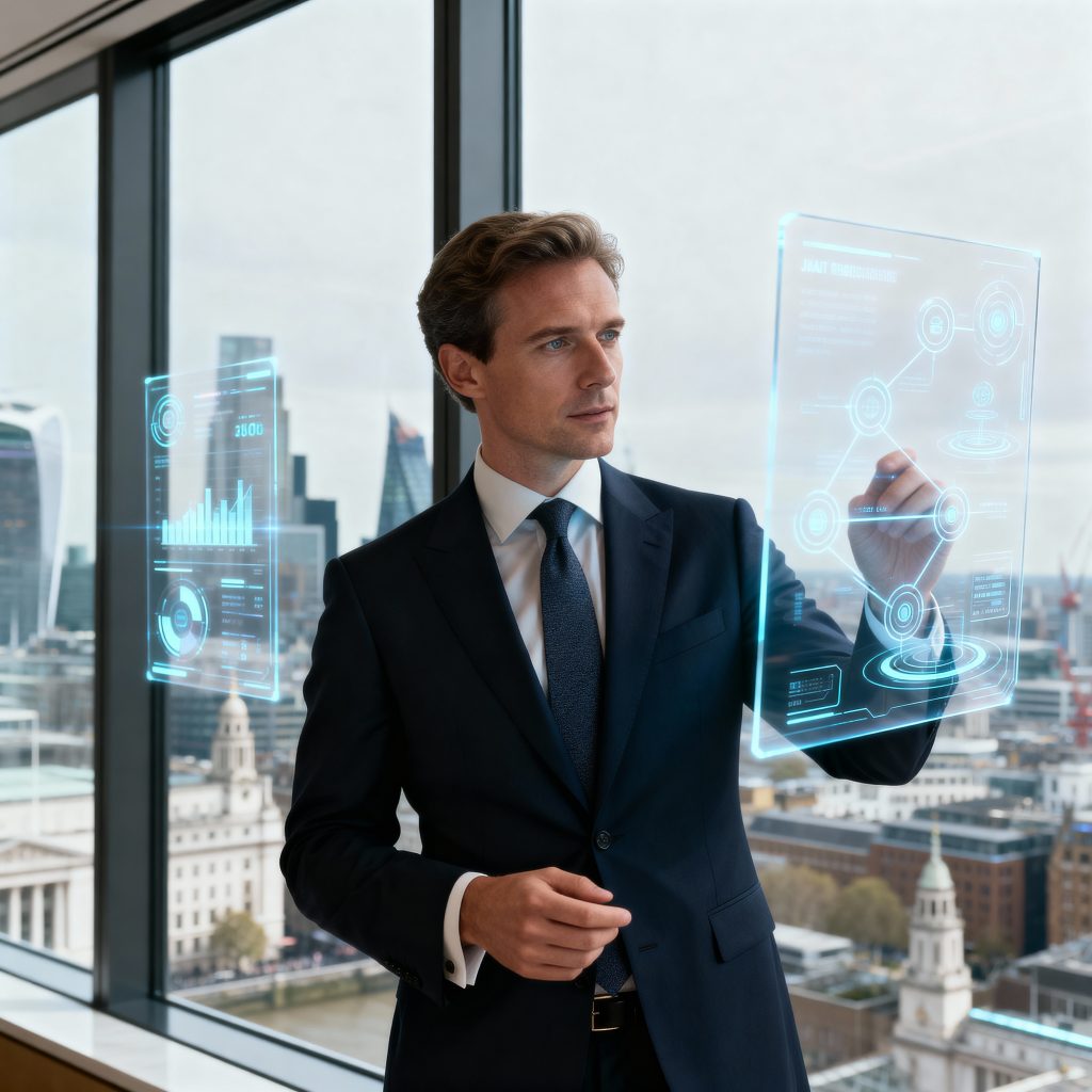 European family office principal using AI deal flow technology in modern London office with financial district view