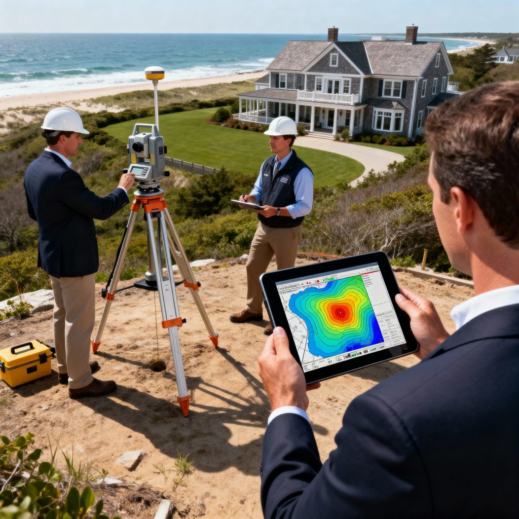 Professional elevation survey team measuring Hamptons luxury estate property 12 feet above sea level for climate-proof real estate investment analysis