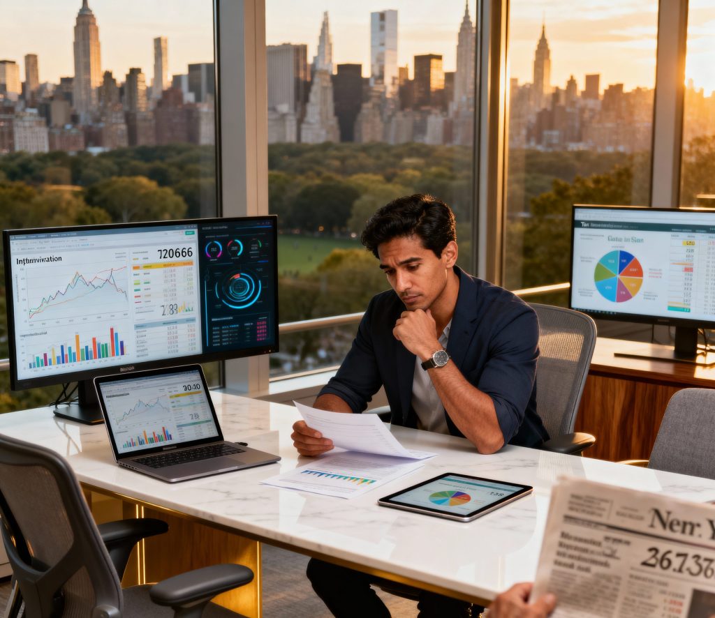 Post-exit founder reviewing family office formation strategy with wealth management advisors in Manhattan financial planning meeting