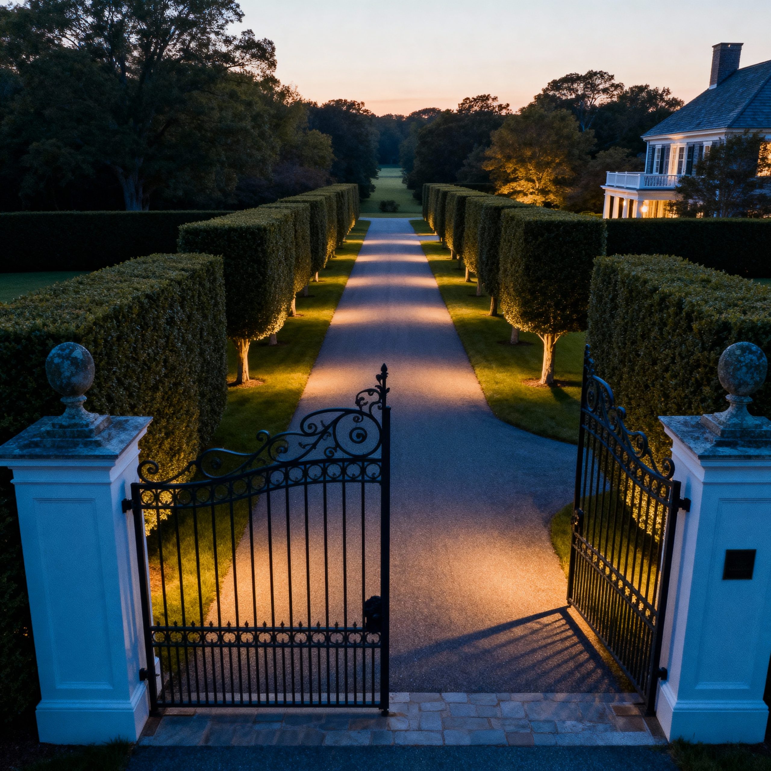 Aerial twilight photograph of an elegant Hamptons estate behind tall privet hedges and iron gates, long tree-lined driveway, no signage visible, shot conveys privacy and exclusivity, architectural photography style, muted sophisticated color palette with deep blues and warm golden hour lighting