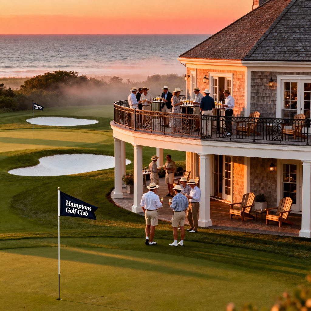 Aerial sunset view of pristine Hamptons golf course with ocean backdrop, clubhouse terrace with members in sophisticated casual attire, golden hour lighting, architectural photography style, conveys old-money elegance and exclusivity