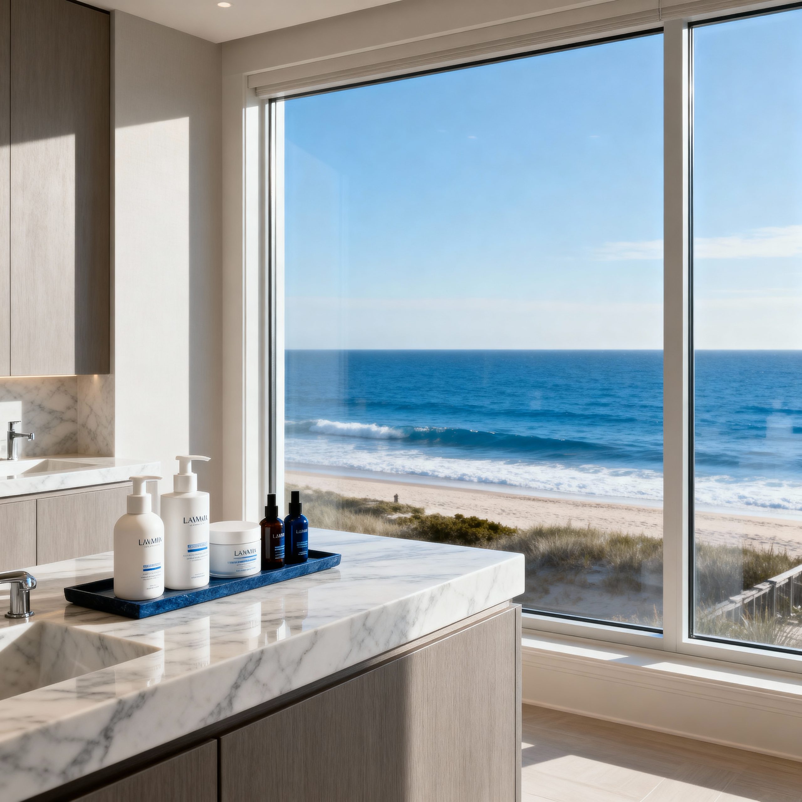 Luxury wellness treatment room with ocean views in Hamptons spa featuring marble surfaces and premium skincare products