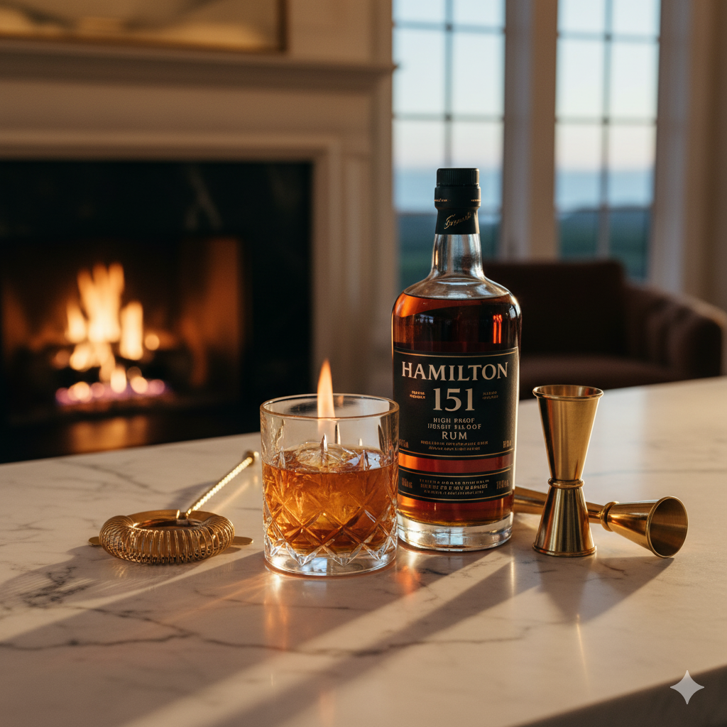 Premium 151 rum bottle displayed on luxury home bar with cocktail tools and flaming tiki drink