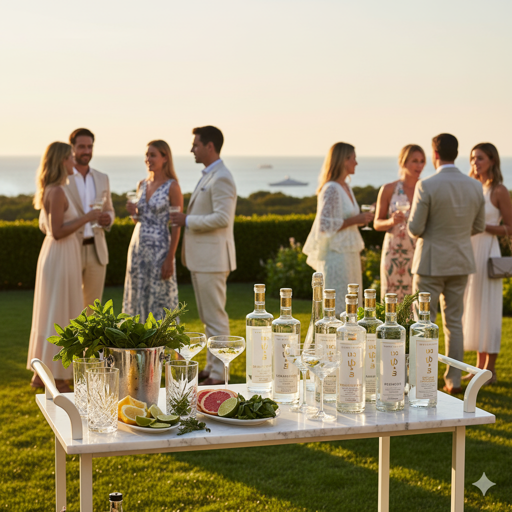 Elegant outdoor summer party setup in Hamptons garden, premium flavored vodka bottles displayed on white marble bar cart, crystal glassware, fresh citrus fruits and herbs, ocean views in background, natural late afternoon light, sophisticated entertaining aesthetic, people mingling in background, editorial luxury lifestyle photography, warm and inviting atmosphere
