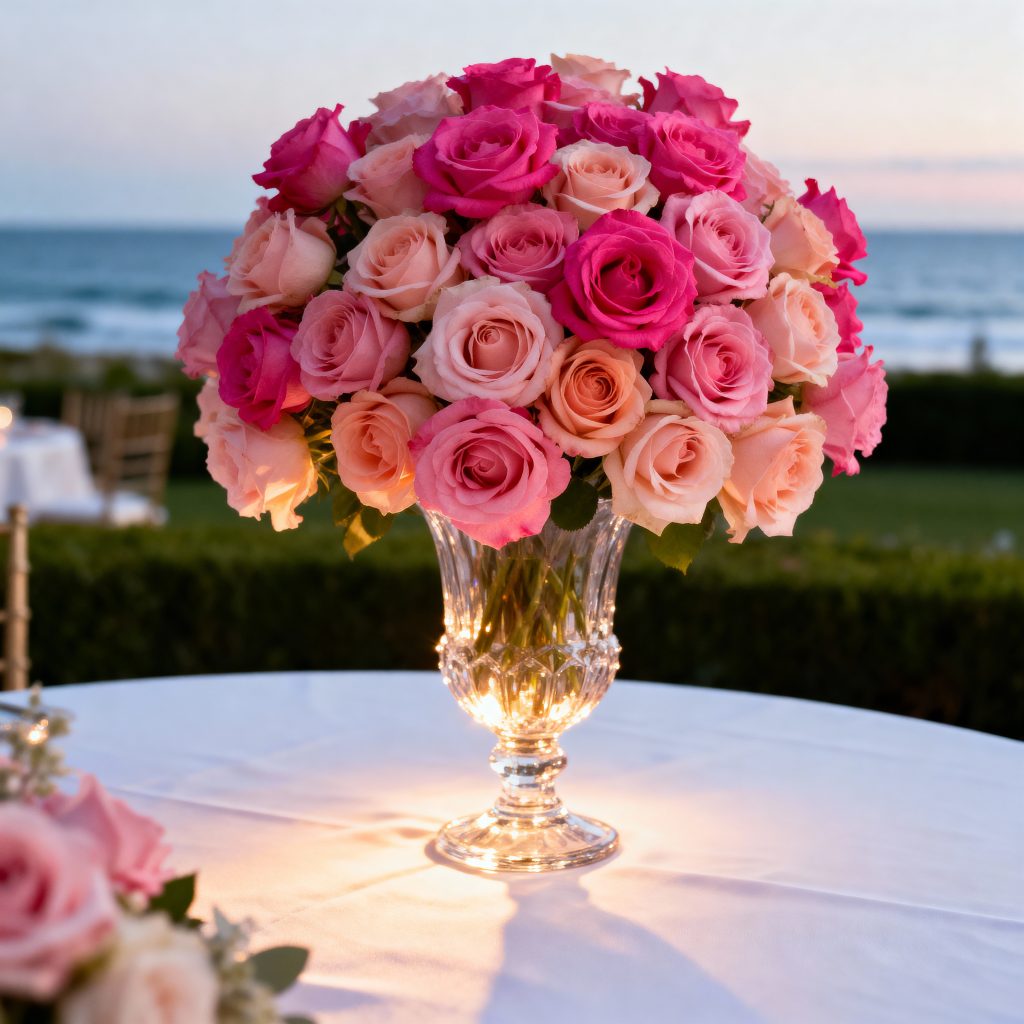 Pink roses centerpiece at luxury Hamptons event showing multiple shade variations