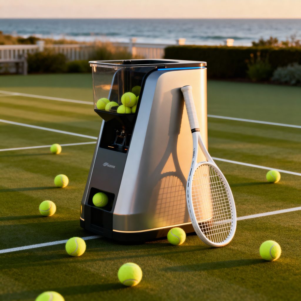 Professional tennis ball machine on luxury Hamptons tennis court for solo training