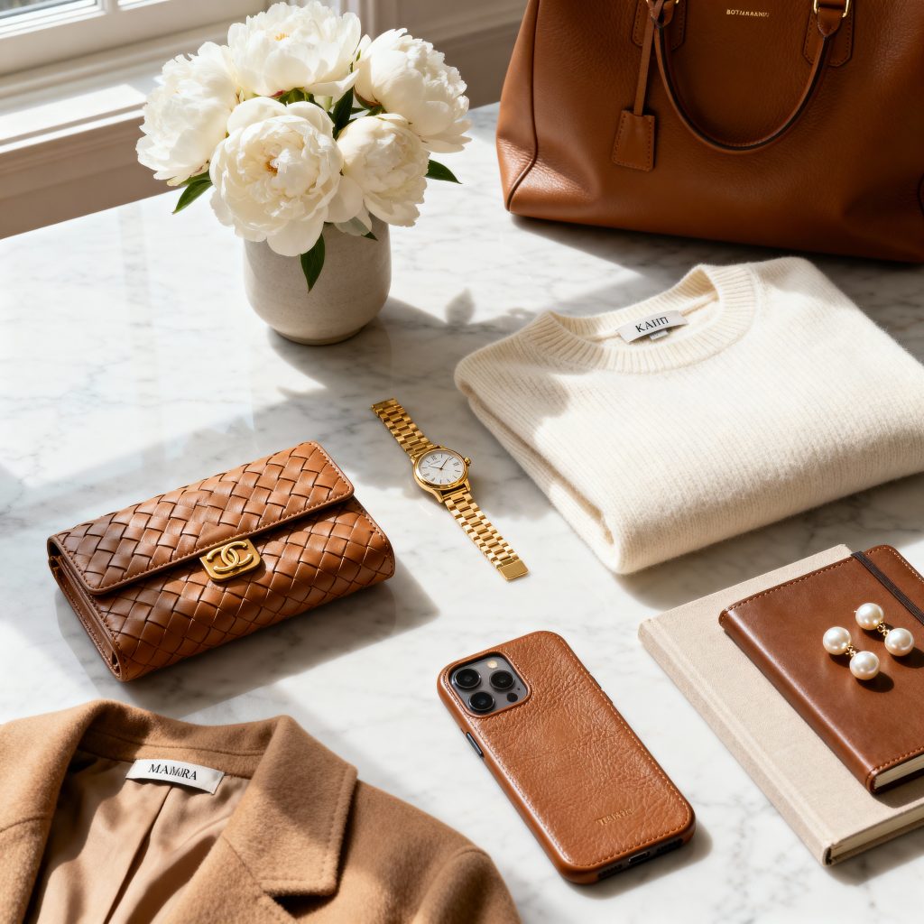 Rich girl aesthetic luxury fashion flat lay The Row Khaite quiet luxury women