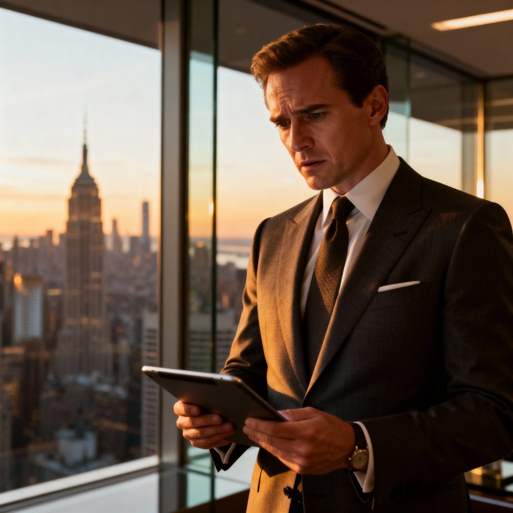 Wealthy executive contemplating rich people problems in luxury Manhattan office