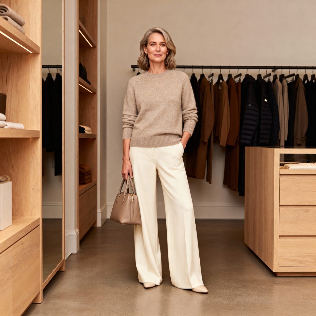 Woman embodying quiet luxury brands aesthetic in neutral cashmere