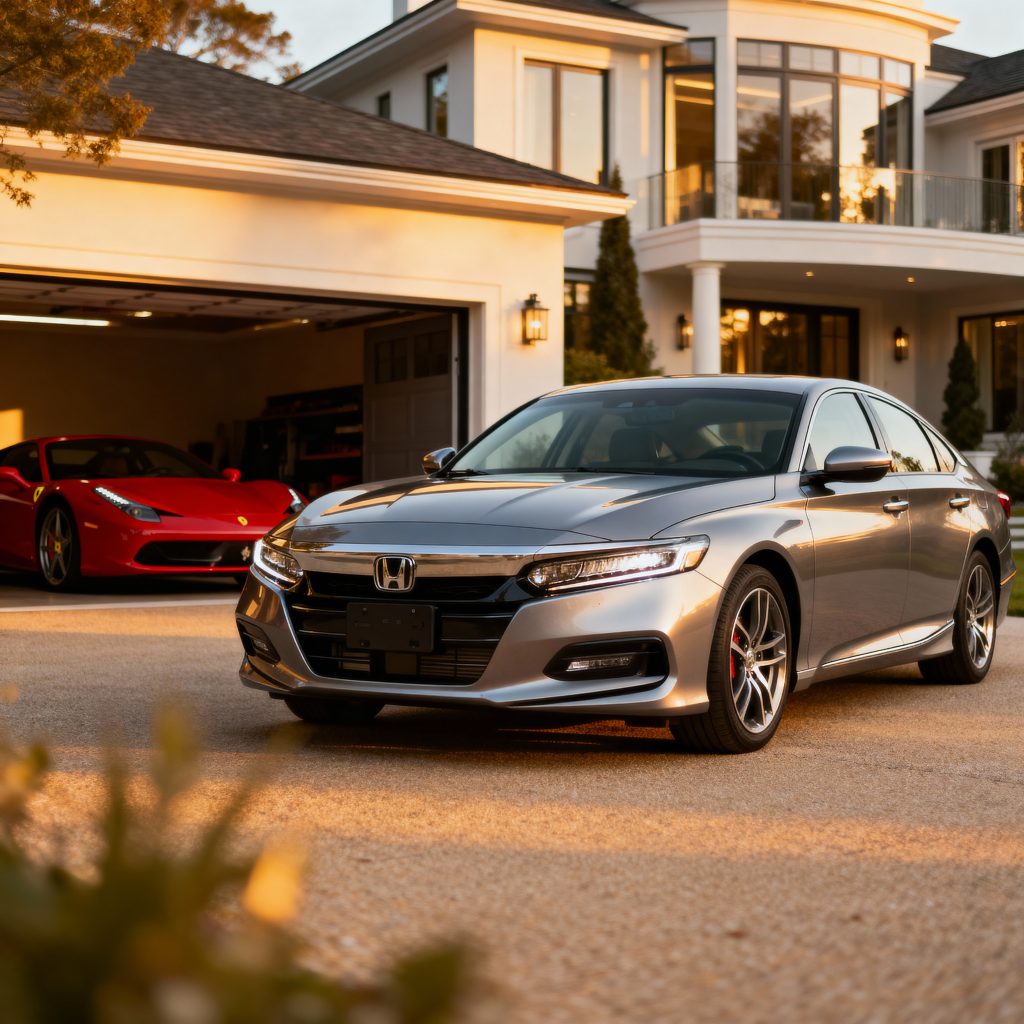 Rich guy car parked at luxury Hamptons mansion showing wealthy preference for practical vehicles
