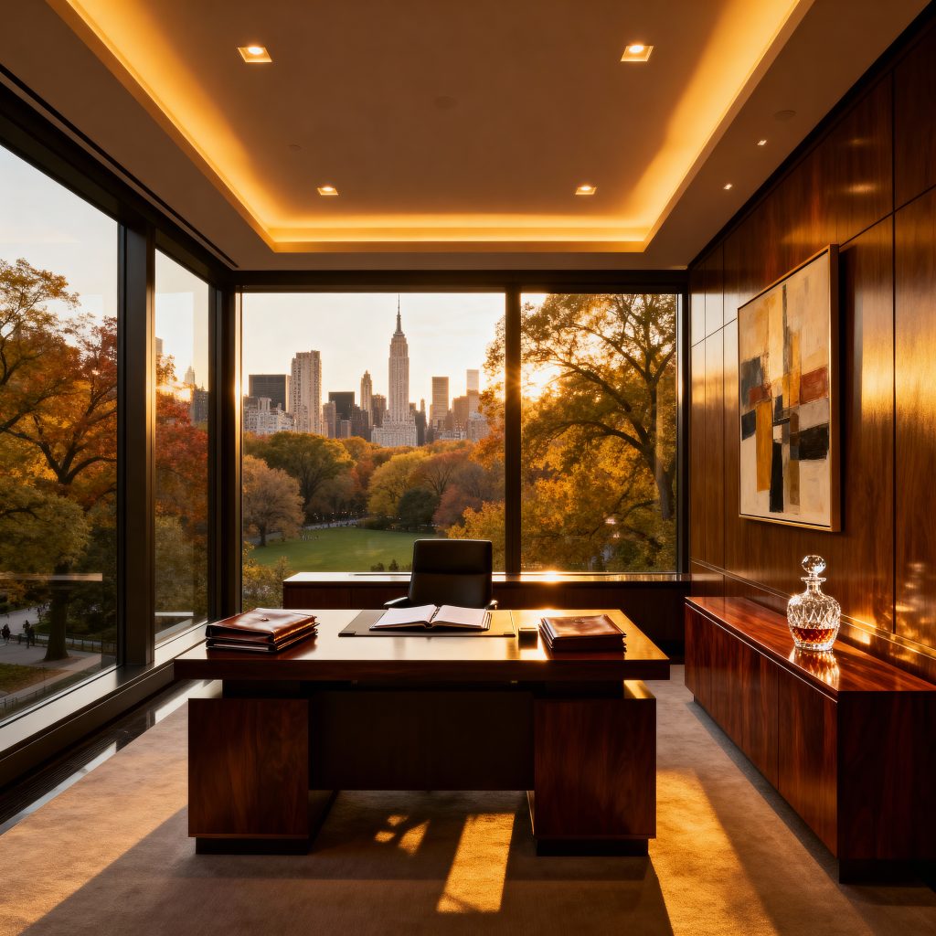 Ultra high net worth individual reviewing sophisticated investment portfolio in luxury Manhattan office