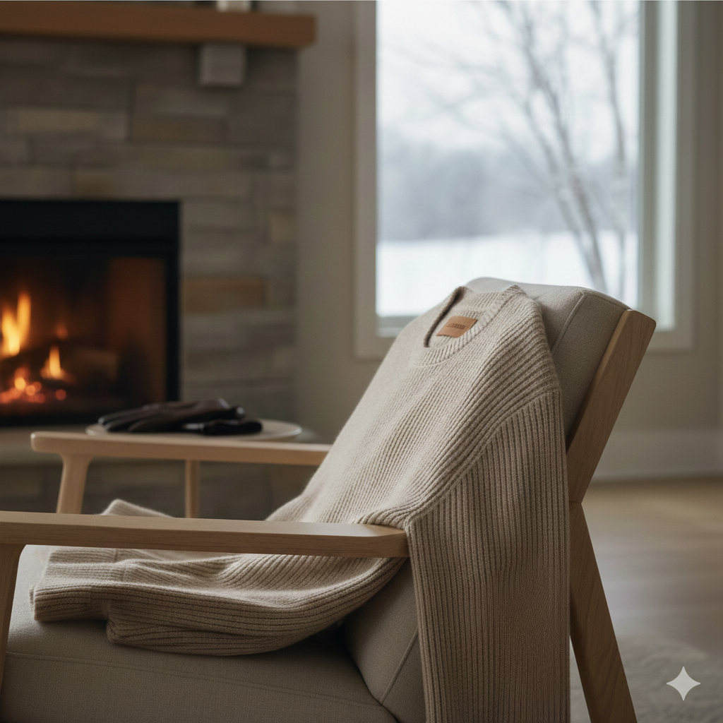 Beige cashmere sweater in affluent home living room with fireplace