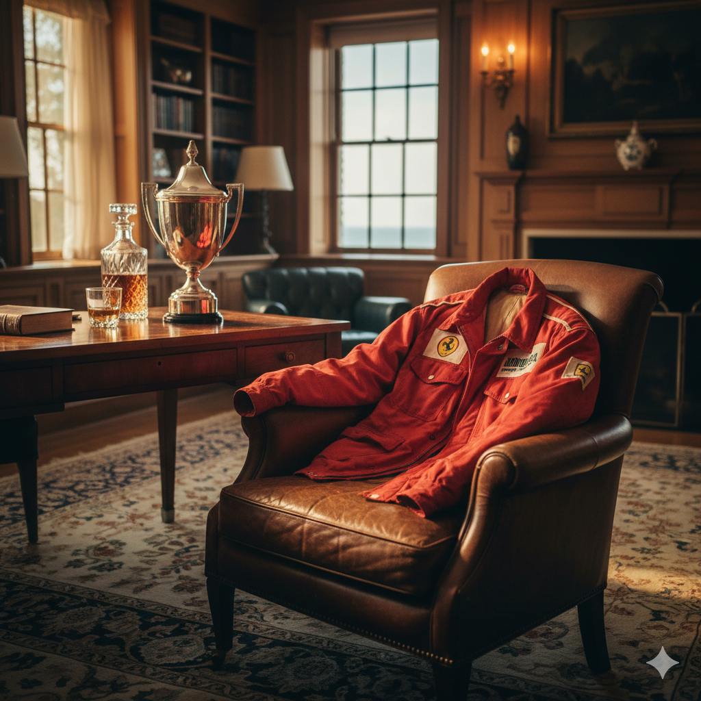 Red Racing Jacket in lounge chair in Hamptons house