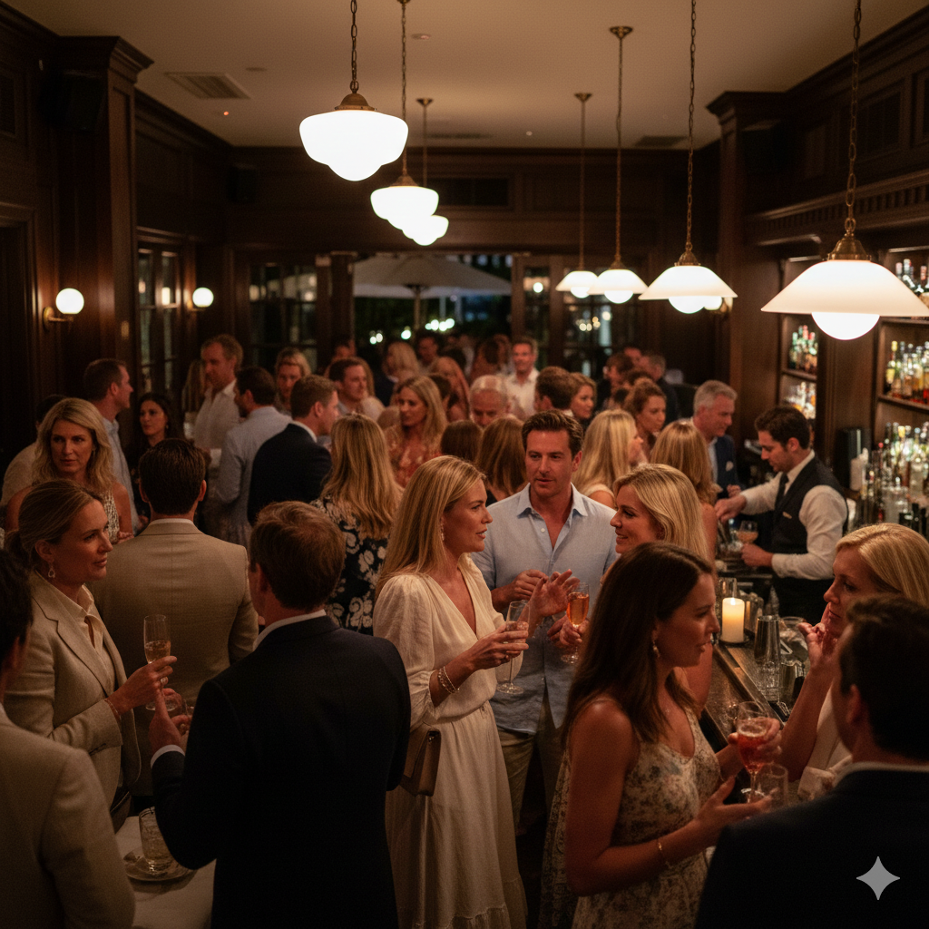Busy attractive bar scene at Le Bilboquet in Sag Harbor