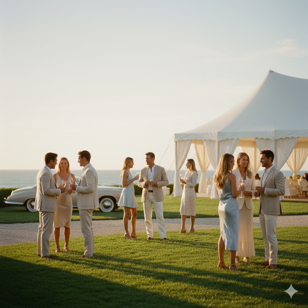 Exclusive Hamptons singles mixer at a waterfront estate during summer season