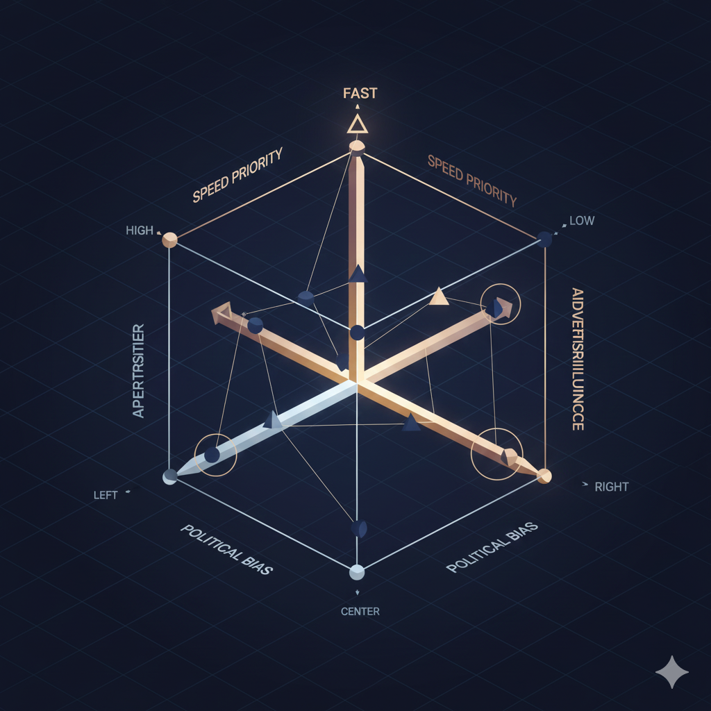 Multi-dimensional financial media bias chart showing political lean speed and advertiser influence axes