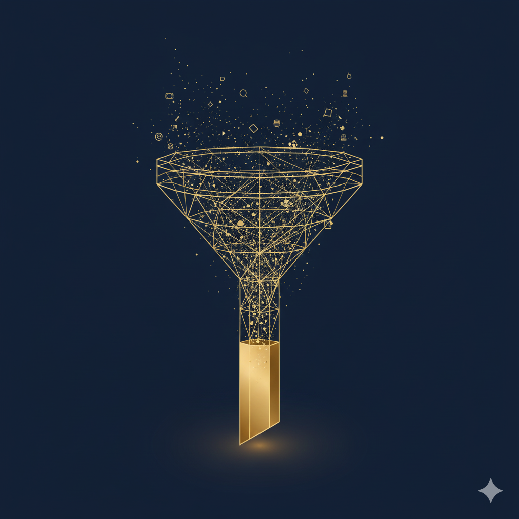 Information filtering visualization for investor media consumption showing noise to signal refinement