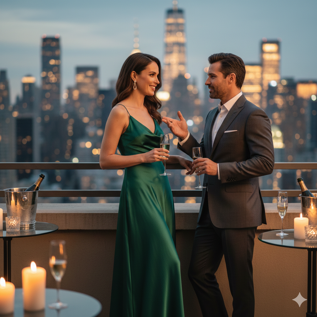 Power couple connecting at an exclusive Manhattan rooftop singles event