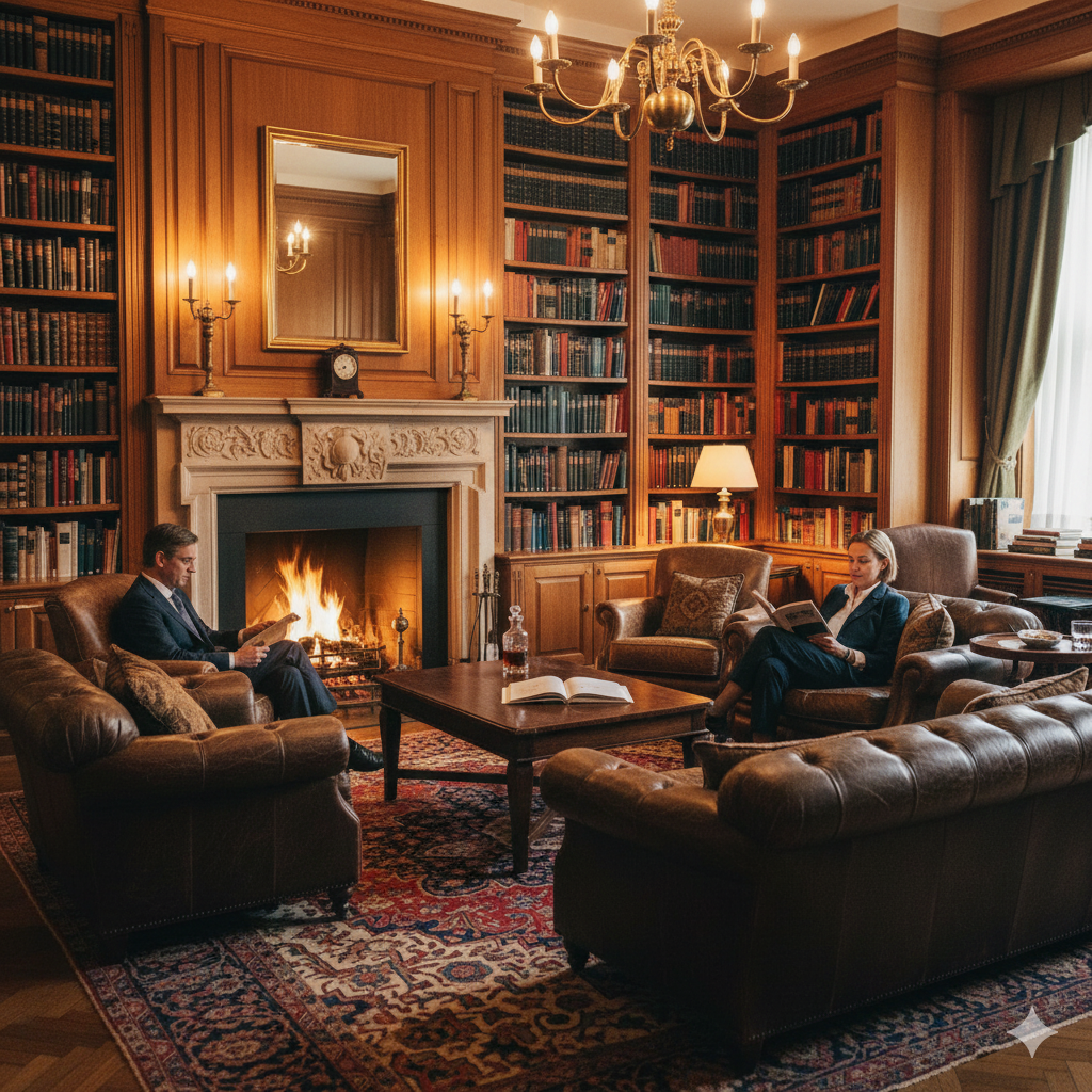 Private club library hosting an exclusive singles mixer in Manhattan