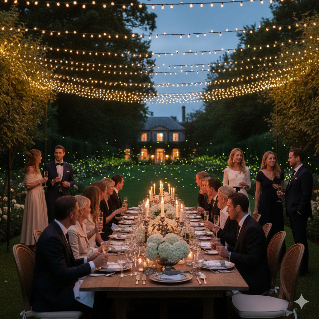 Exclusive evening garden party at a private Hamptons estate