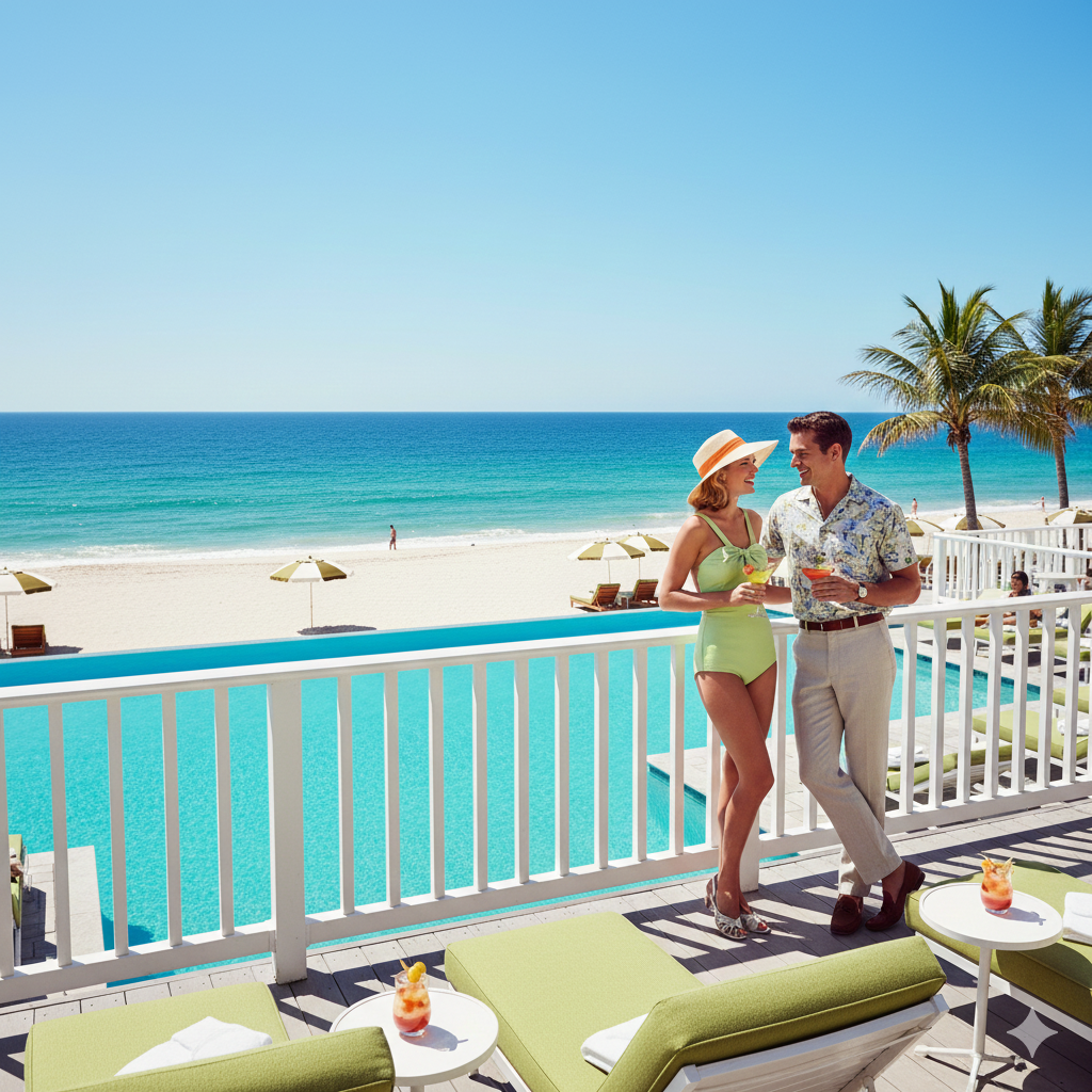 Couple connecting at an exclusive Hamptons beach club with ocean views