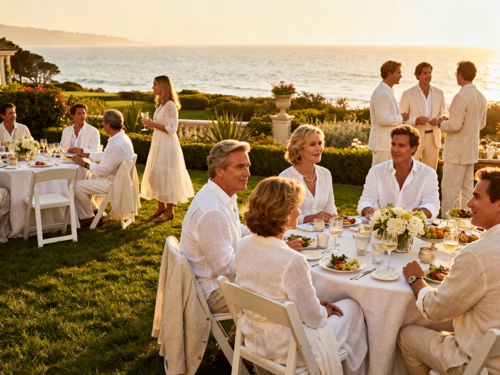 Elegant singles mingling at a Hamptons estate garden party during golden hour
