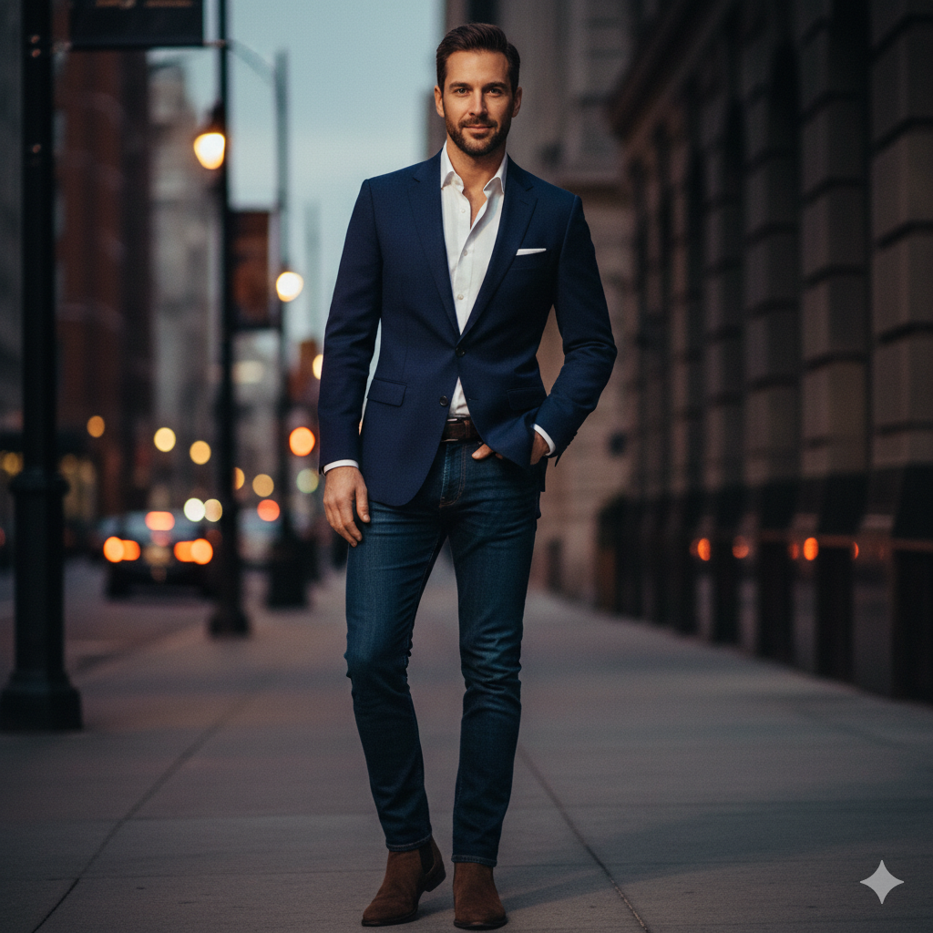 Man in navy blazer and tailored jeans dressed for speed dating in NYC