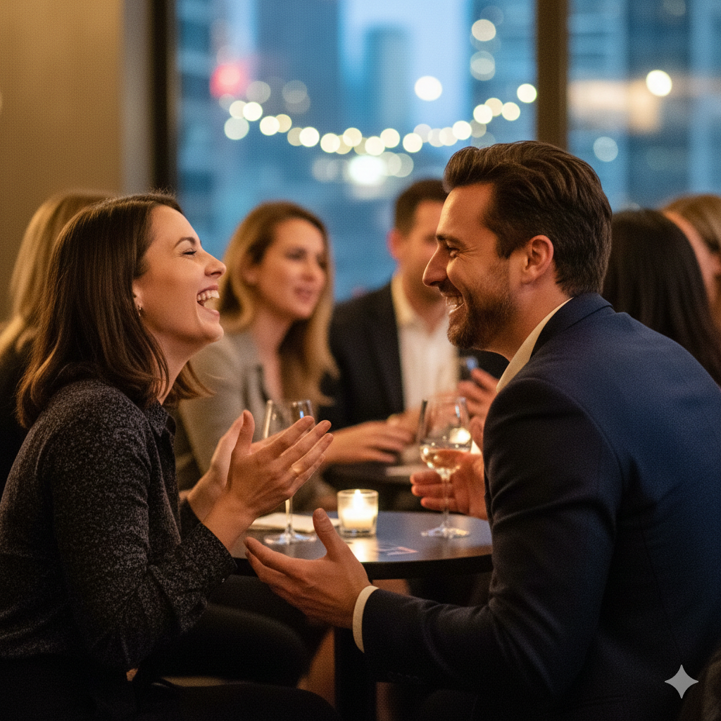 Two singles sharing authentic laughter at Manhattan speed dating event