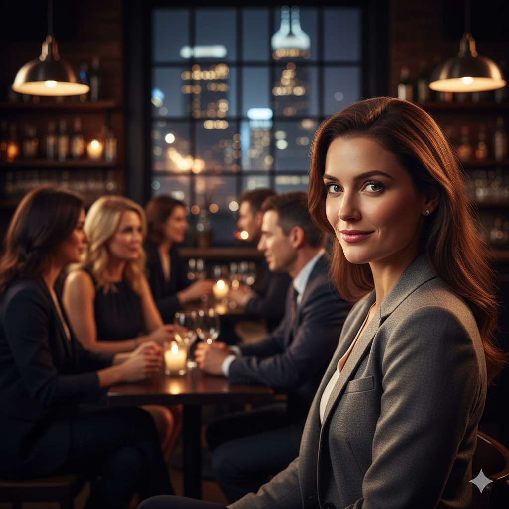 Confident NYC professional with knowing smile at upscale Manhattan bar