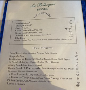 Le Bilboquet Menu