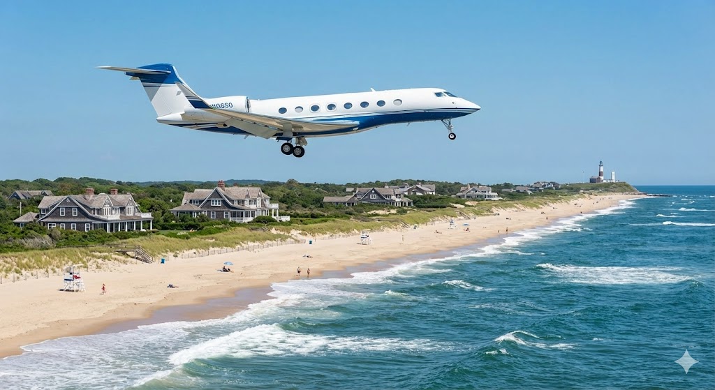 private jet over East Hampton Main Beach