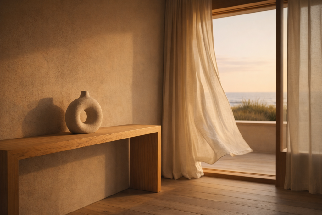 Serene beach house interior at golden hour