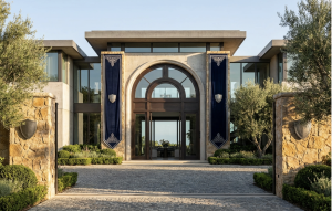 Alt: Luxurious mansion entrance with large arched doorway and banners