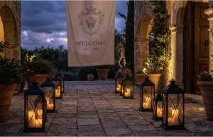 Alt: Pathway lined with lanterns, welcoming banner overhead